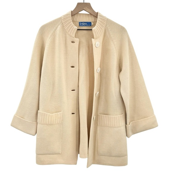 Vintage 60s Cardigan Sweater Solid Cream Button Front Pockets Bell Sleeves | M/L - Picture 1 of 9